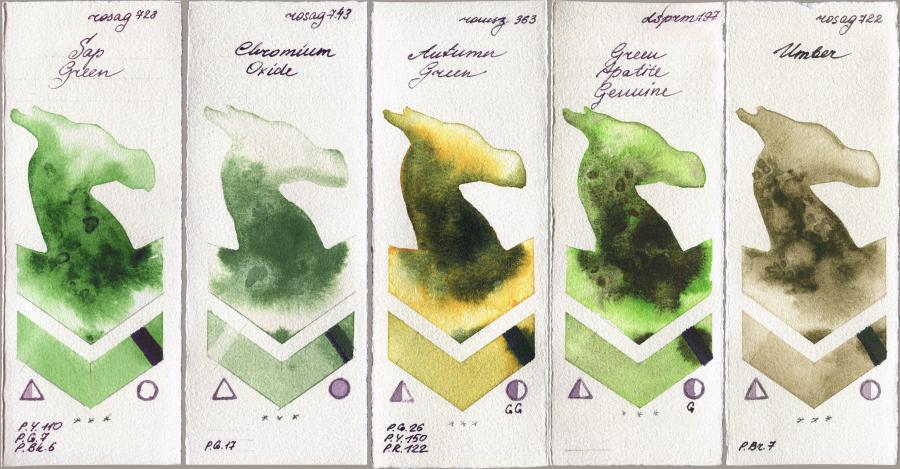 Rosa Gallery 728 Sap Green vs 743 Chromium Oxide vs Roman Szmal Aquarius 363 Autumn Green vs Daniel Smith 197 Green Apatite Genuine vs 722 Umber watercolor swatch