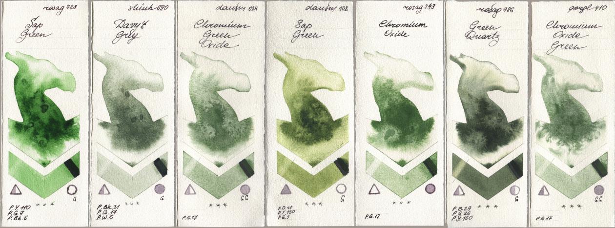 Rosa Gallery 728 Sap Green, Shinhan PWC 690 Davys Grey, Daniel Smith 024 Chromium Green Oxide, 102 Sap Green, 743 Chromium Oxide, 786 Green Quartz, Golden QOR 410 Chromium Oxide Gre watercolor swatch