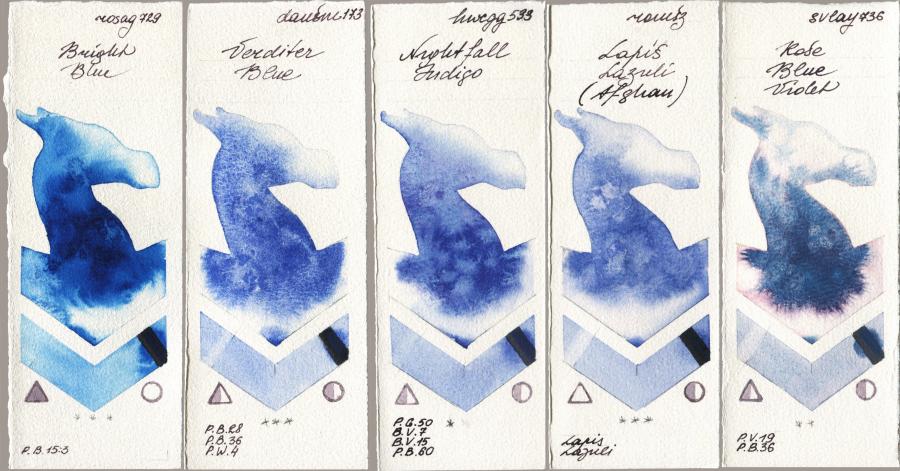 Rosa Gallery 729 Bright Blue vs Daniel Smith 173 Verditer Blue vs Holbein Artists Watercolor 533 Nightfall Indigo vs Roman Szmal Aquarius 999 Lapis Lazuli Afghan vs SuperVision 736 Rose Blue Violet watercolor swatch