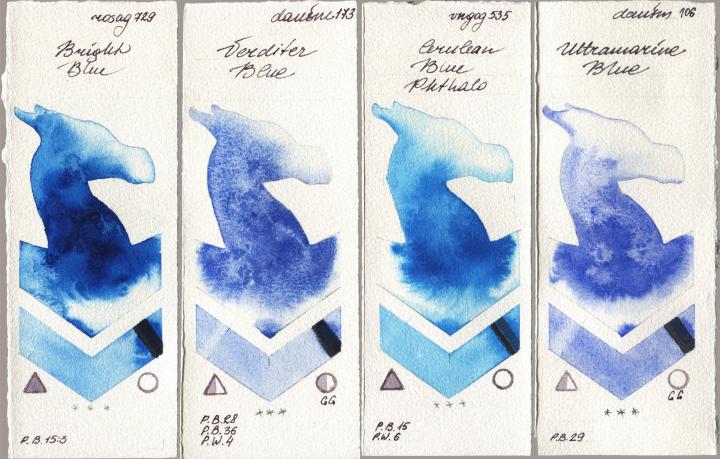 Rosa Gallery 729 Bright Blue, Daniel Smith 173 Verditer Blue, Royal Talens Van Gogh Watercolour 535 Cerulean Blue Phthalo, 106 Ultramarine Bl watercolor swatch