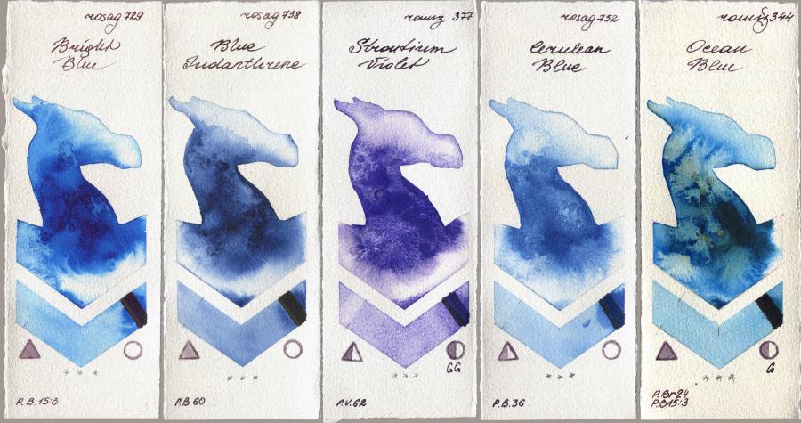 Rosa Gallery 729 Bright Blue vs 738 Blue Indanthrone vs Roman Szmal Aquarius 377 Strontium Violet vs 752 Cerulean Blue vs 344 Ocean Blue watercolor swatch