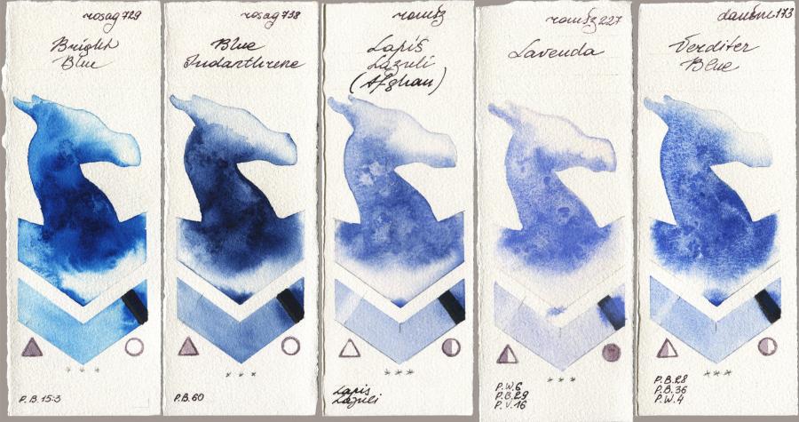 Rosa Gallery 729 Bright Blue vs 738 Blue Indanthrone vs Roman Szmal Aquarius 999 Lapis Lazuli Afghan vs 227 Lavenda vs Daniel Smith 173 Verditer Blue watercolor swatch
