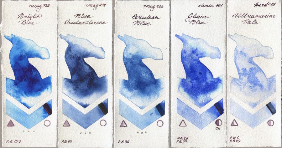 Rosa Gallery 729 Bright Blue vs 738 Blue Indanthrone vs 752 Cerulean Blue vs Shminke Horadam Aquarell 961 Glacier Blue vs Kuretake Gansai Tambi 61 Ultramatire Pale watercolor swatch