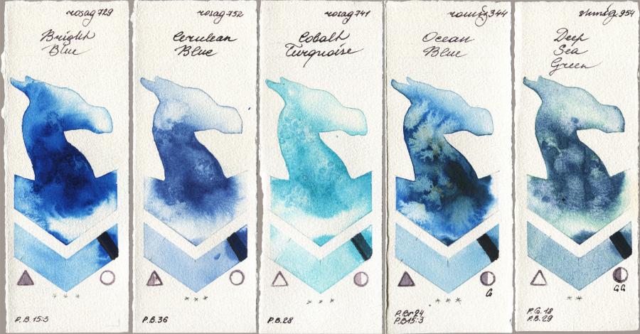 Rosa Gallery 729 Bright Blue vs 752 Cerulean Blue vs 741 Cobalt Turquoise vs Roman Szmal Aquarius 344 Ocean Blue vs Shminke Horadam Aquarell 954 Deep Sea Green watercolor swatch