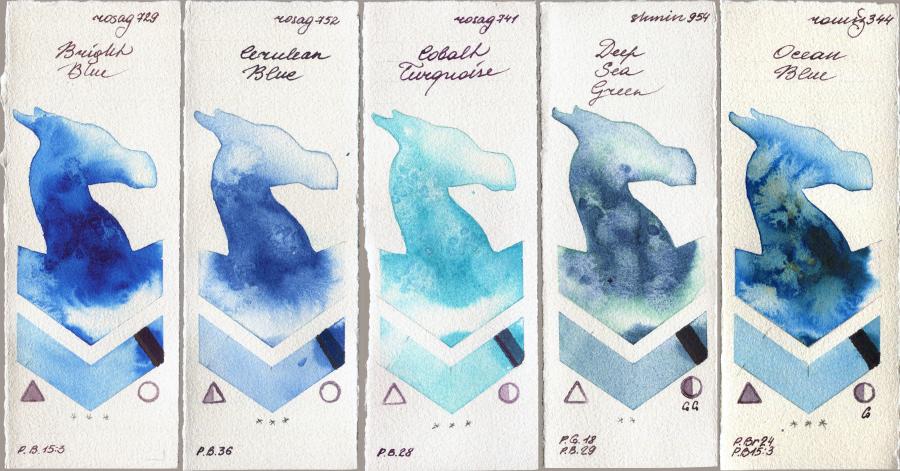 Rosa Gallery 729 Bright Blue vs 752 Cerulean Blue vs 741 Cobalt Turquoise vs Shminke Horadam Aquarell 954 Deep Sea Green vs Roman Szmal Aquarius 344 Ocean Blue watercolor swatch