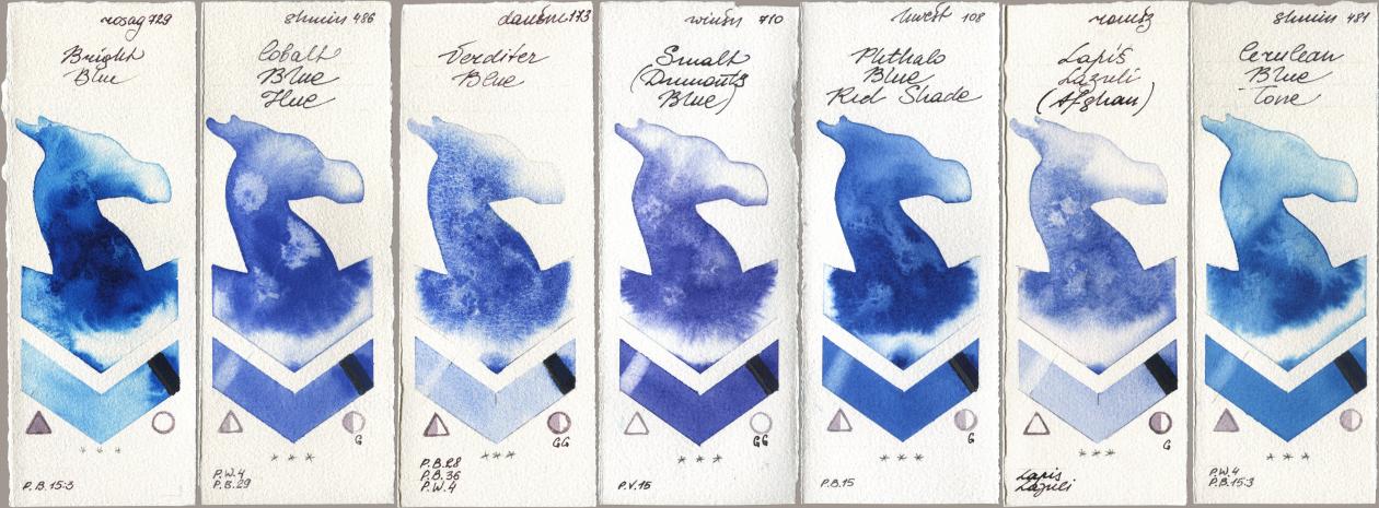 Rosa Gallery 729 Bright Blue, Shminke Horadam Aquarell 486 Cobalt Blue Hue, Daniel Smith 173 Verditer Blue, Winsor & Newton Professional 710 Smalt (Dumonts Blue), Holbein Artists Watercolor 108 Phthalo Blue Red Shade, Roman Szmal Aquarius 999 Lapis Lazuli Afghan, 481 Cerulean Blue To watercolor swatch
