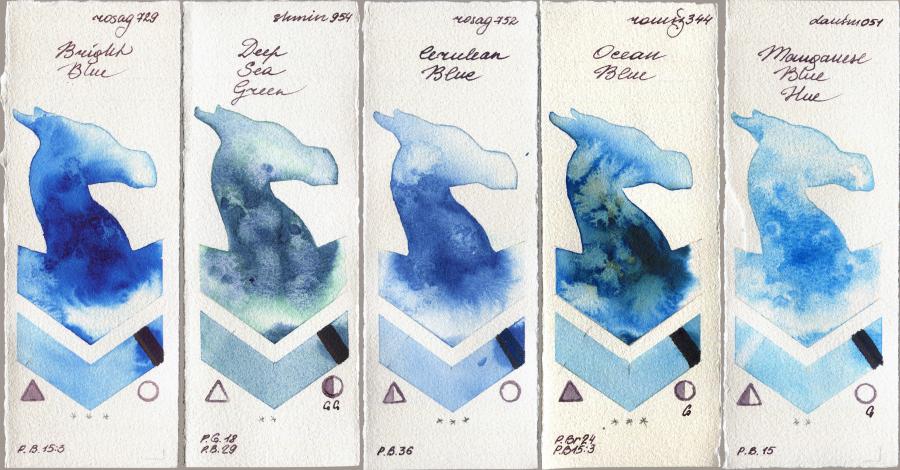 Rosa Gallery 729 Bright Blue vs Shminke Horadam Aquarell 954 Deep Sea Green vs 752 Cerulean Blue vs Roman Szmal Aquarius 344 Ocean Blue vs Daniel Smith 051 Manganese Blue Hue watercolor swatch