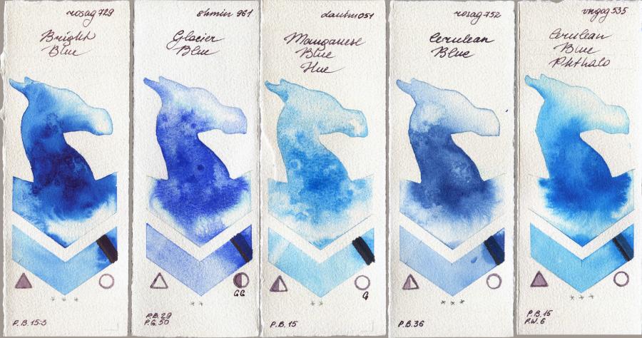 Rosa Gallery 729 Bright Blue vs Shminke Horadam Aquarell 961 Glacier Blue vs Daniel Smith 051 Manganese Blue Hue vs 752 Cerulean Blue vs Royal Talens Van Gogh Watercolour 535 Cerulean Blue Phthalo watercolor swatch