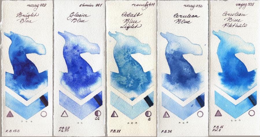 Rosa Gallery 729 Bright Blue vs Shminke Horadam Aquarell 961 Glacier Blue vs Roman Szmal Aquarius 411 Cobalt Blue Light vs 752 Cerulean Blue vs Royal Talens Van Gogh Watercolour 535 Cerulean Blue Phthalo watercolor swatch