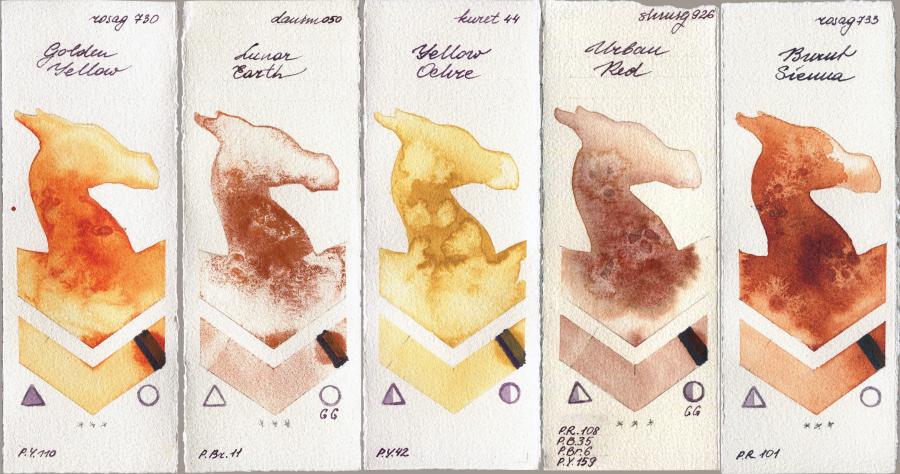 Rosa Gallery 730 Golden Yellow vs Daniel Smith 050 Lunar Earth vs Kuretake Gansai Tambi 44 Yellow Ochre vs Shminke Horadam Aquarell 926 Urban Red vs 733 Burnt Sienna watercolor swatch