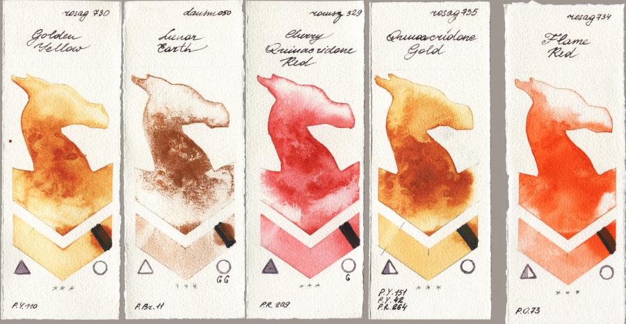 Rosa Gallery 730 Golden Yellow vs Daniel Smith 050 Lunar Earth vs Roman Szmal Aquarius 329 Cherry Quinacridone Red vs 735 Quinacridone Gold vs 734 Flame Red watercolor swatch