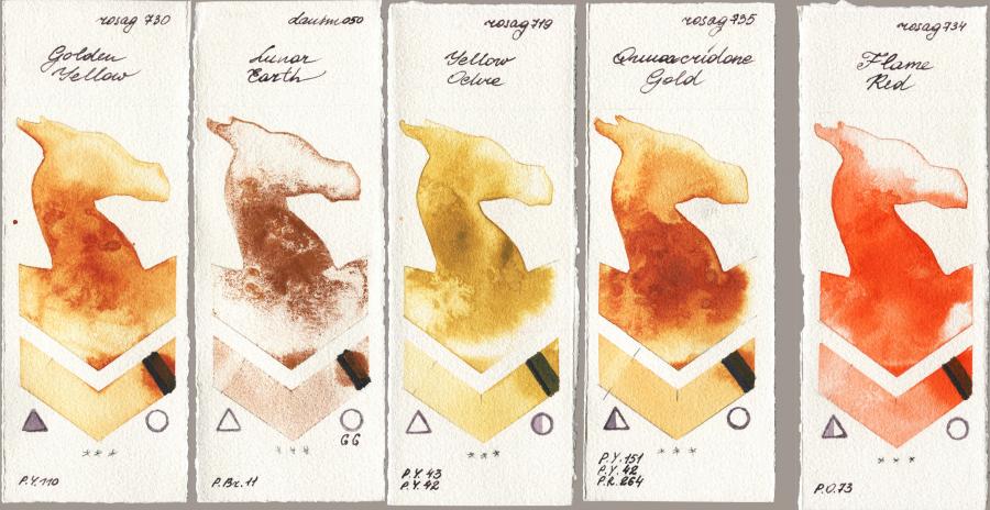 Rosa Gallery 730 Golden Yellow vs Daniel Smith 050 Lunar Earth vs 719 Yellow Ochre vs 735 Quinacridone Gold vs 734 Flame Red watercolor swatch