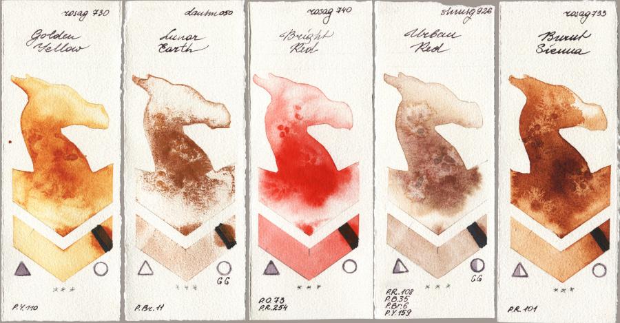 Rosa Gallery 730 Golden Yellow vs Daniel Smith 050 Lunar Earth vs 740 Bright Red vs Shminke Horadam Aquarell 926 Urban Red vs 733 Burnt Sienna watercolor swatch