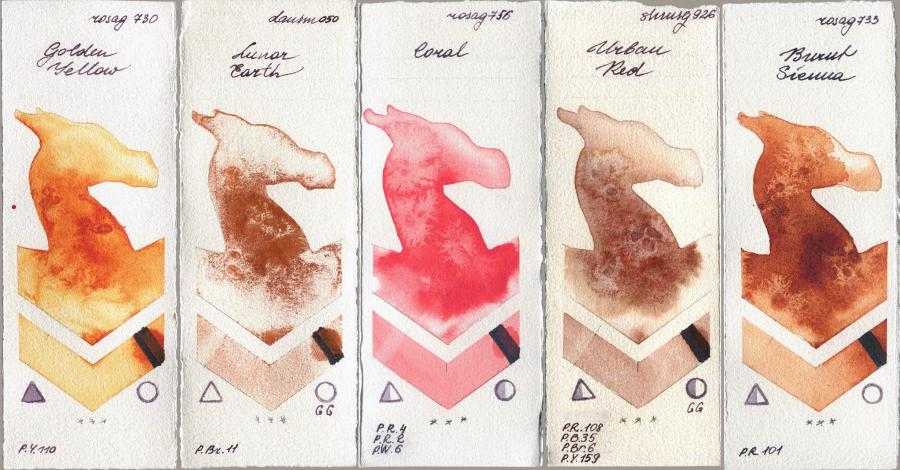 Rosa Gallery 730 Golden Yellow vs Daniel Smith 050 Lunar Earth vs 756 Coral vs Shminke Horadam Aquarell 926 Urban Red vs 733 Burnt Sienna watercolor swatch