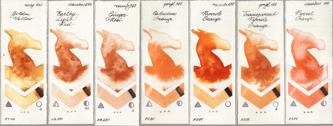 Rosa Gallery 730 Golden Yellow, Daniel Smith 254 Earthy Light Red, Roman Szmal Aquarius 368 Genger Red, Golden QOR 180 Cadmium Orange, Royal Talens Rembrandt Watercolour 278 Pyrrole Orange, 185 Transparent Pyrrole Orange, 126 Pyrrol Oran watercolor swatch