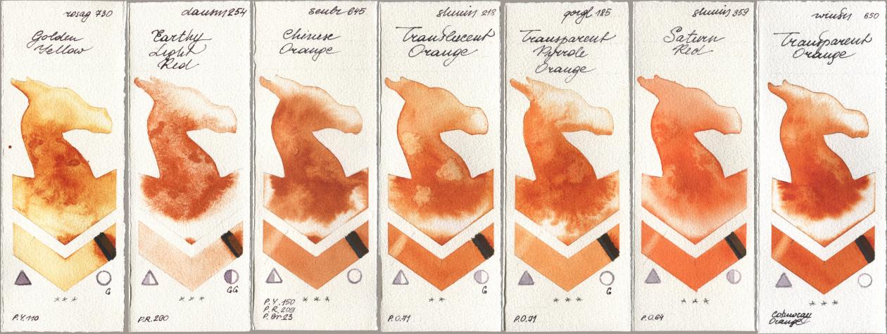 Rosa Gallery 730 Golden Yellow, Daniel Smith 254 Earthy Light Red, Sennelier l Aquarelle 645 Chinese Orange, Shminke Horadam Aquarell 218 Translucent Orange / Transparent Orange, Golden QOR 185 Transparent Pyrrole Orange, 359 Saturn Red, Winsor & Newton Professional 650 Transparent Oran watercolor swatch