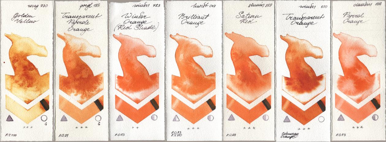 Rosa Gallery 730 Golden Yellow, Golden QOR 185 Transparent Pyrrole Orange, Winsor & Newton Professional 723 Winsor Orange (Red Shade), Holbein Artists Watercolor 047 Brilliant Orange, Shminke Horadam Aquarell 359 Saturn Red, 650 Transparent Orange, Daniel Smith 126 Pyrrol Oran watercolor swatch