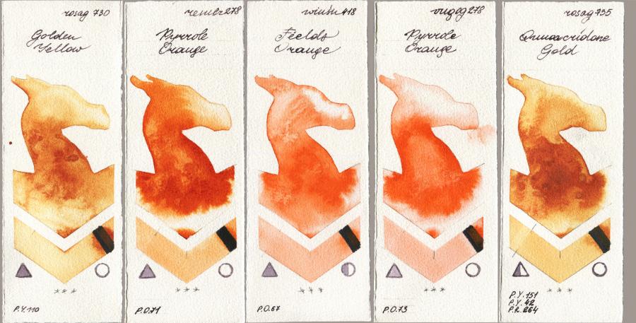 Rosa Gallery 730 Golden Yellow vs Royal Talens Rembrandt Watercolour 278 Pyrrole Orange vs Winsor & Newton Professional 418 Fields Orange vs Royal Talens Van Gogh Watercolour 278 Pyrrole Orange vs 735 Quinacridone Gold watercolor swatch