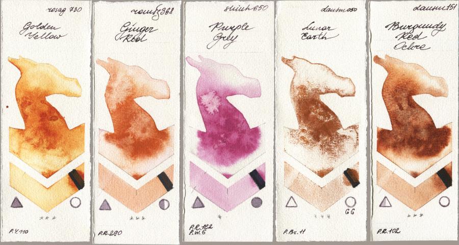 Rosa Gallery 730 Golden Yellow vs Roman Szmal Aquarius 368 Genger Red vs Shinhan PWC 650 Purple Grey vs Daniel Smith 050 Lunar Earth vs 151 Burgundy Red Ochre watercolor swatch