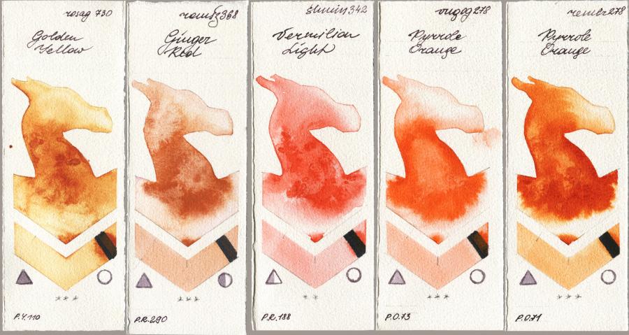 Rosa Gallery 730 Golden Yellow vs Roman Szmal Aquarius 368 Genger Red vs Shminke Horadam Aquarell 342 Vermilion Light vs Royal Talens Van Gogh Watercolour 278 Pyrrole Orange vs Royal Talens Rembrandt Watercolour 278 Pyrrole Orange watercolor swatch