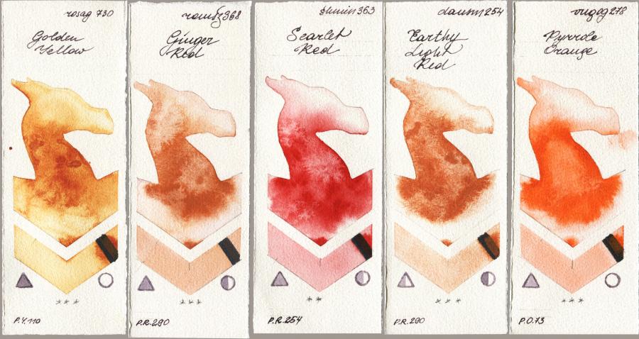 Rosa Gallery 730 Golden Yellow vs Roman Szmal Aquarius 368 Genger Red vs Shminke Horadam Aquarell 363 Scarlet Red vs Daniel Smith 254 Earthy Light Red vs Royal Talens Van Gogh Watercolour 278 Pyrrole Orange watercolor swatch
