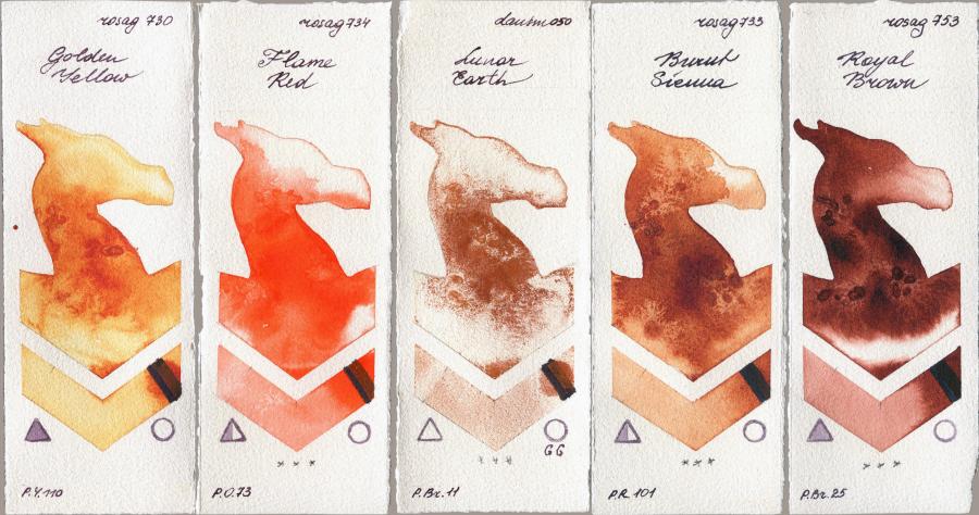 Rosa Gallery 730 Golden Yellow vs 734 Flame Red vs Daniel Smith 050 Lunar Earth vs 733 Burnt Sienna vs 753 Royal Brown watercolor swatch