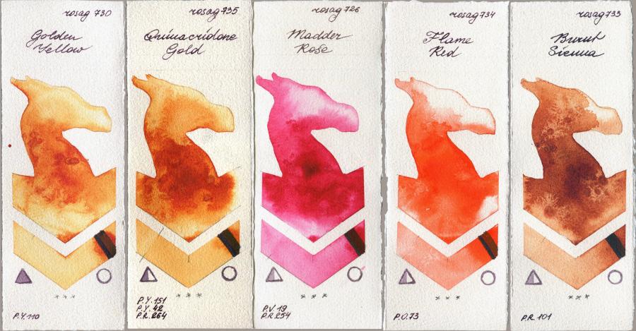 Rosa Gallery 730 Golden Yellow vs 735 Quinacridone Gold vs 726 Madder Rose vs 734 Flame Red vs 733 Burnt Sienna watercolor swatch