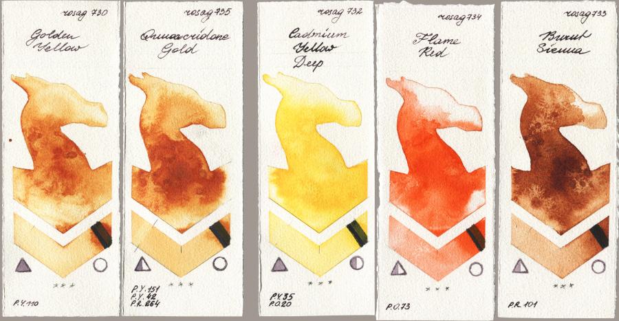 Rosa Gallery 730 Golden Yellow vs 735 Quinacridone Gold vs 732 Cadmium Yellow Deep vs 734 Flame Red vs 733 Burnt Sienna watercolor swatch