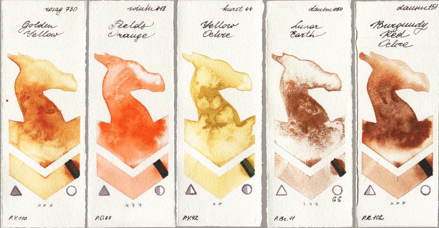 Rosa Gallery 730 Golden Yellow vs Winsor & Newton Professional 418 Fields Orange vs Kuretake Gansai Tambi 044 Yellow Ochre vs Daniel Smith 050 Lunar Earth vs 151 Burgundy Red Ochre watercolor swatch