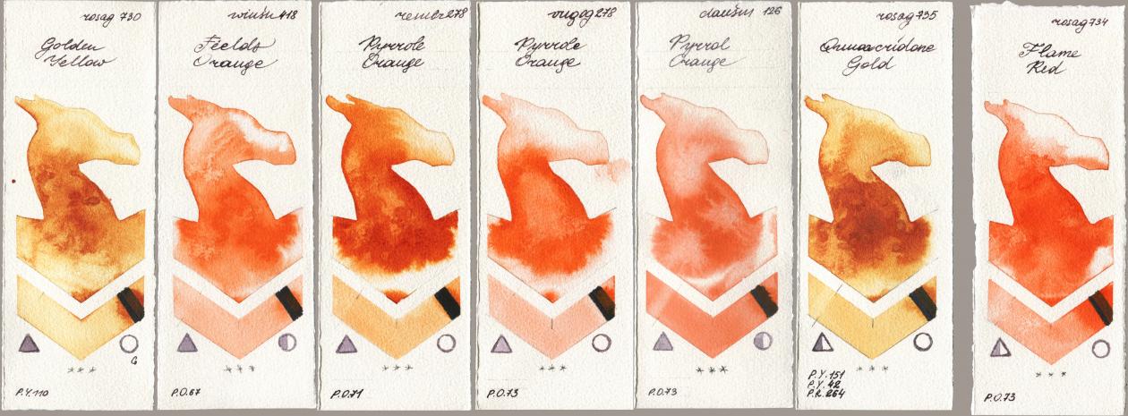 Rosa Gallery 730 Golden Yellow, Winsor & Newton Professional 418 Fields Orange, Royal Talens Rembrandt Watercolour 278 Pyrrole Orange, Royal Talens Van Gogh Watercolour 278 Pyrrole Orange, Daniel Smith 126 Pyrrol Orange, 735 Quinacridone Gold, 734 Flame R watercolor swatch