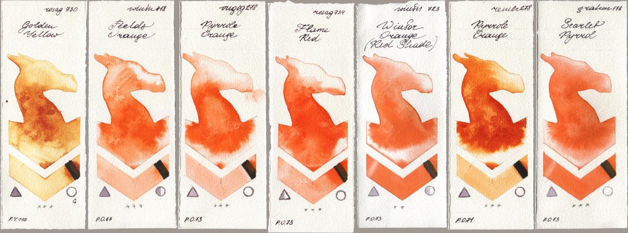 Rosa Gallery 730 Golden Yellow, Winsor & Newton Professional 418 Fields Orange, Royal Talens Van Gogh Watercolour 278 Pyrrole Orange, 734 Flame Red, 723 Winsor Orange (Red Shade), Royal Talens Rembrandt Watercolour 278 Pyrrole Orange, M. Graham & Co. Artists 176 Scarlet Pyrr watercolor swatch