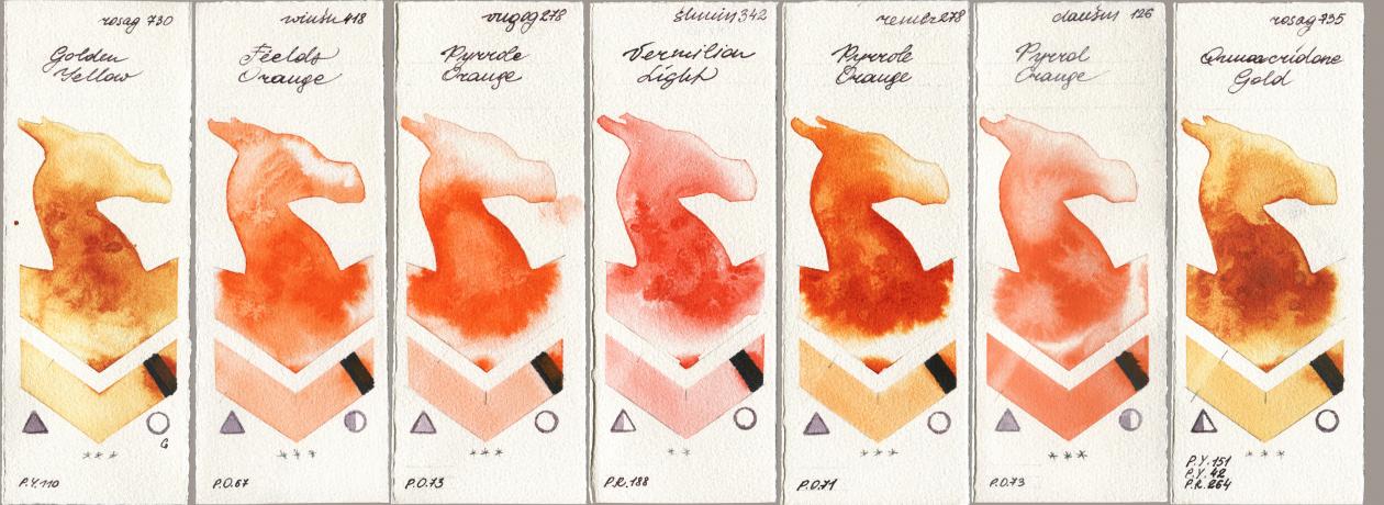 Rosa Gallery 730 Golden Yellow, Winsor & Newton Professional 418 Fields Orange, Royal Talens Van Gogh Watercolour 278 Pyrrole Orange, Shminke Horadam Aquarell 342 Vermilion Light, Royal Talens Rembrandt Watercolour 278 Pyrrole Orange, Daniel Smith 126 Pyrrol Orange, 735 Quinacridone Go watercolor swatch