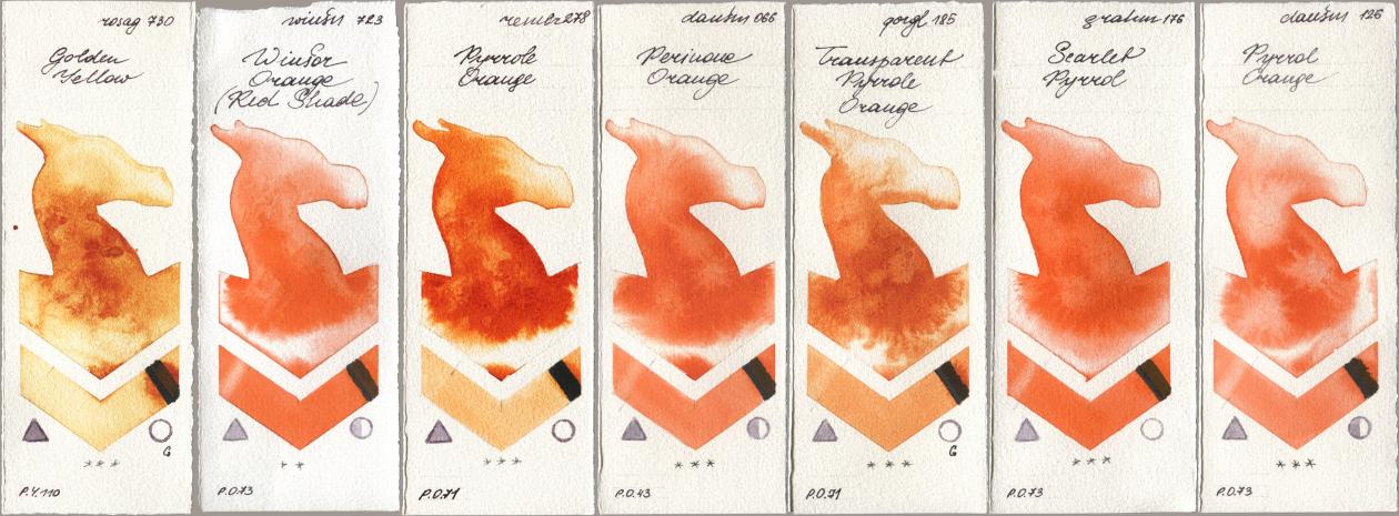 Rosa Gallery 730 Golden Yellow, Winsor & Newton Professional 723 Winsor Orange (Red Shade), Royal Talens Rembrandt Watercolour 278 Pyrrole Orange, Daniel Smith 066 Perinone Orange, Golden QOR 185 Transparent Pyrrole Orange, M. Graham & Co. Artists 176 Scarlet Pyrrol, 126 Pyrrol Oran watercolor swatch