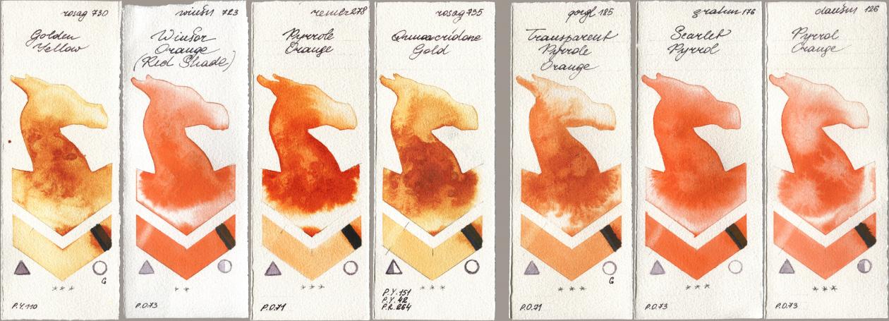 Rosa Gallery 730 Golden Yellow, Winsor & Newton Professional 723 Winsor Orange (Red Shade), Royal Talens Rembrandt Watercolour 278 Pyrrole Orange, 735 Quinacridone Gold, Golden QOR 185 Transparent Pyrrole Orange, M. Graham & Co. Artists 176 Scarlet Pyrrol, Daniel Smith 126 Pyrrol Oran watercolor swatch
