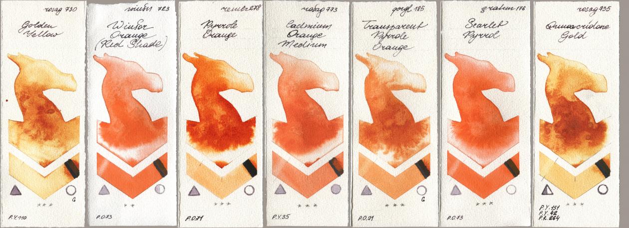 Rosa Gallery 730 Golden Yellow, Winsor & Newton Professional 723 Winsor Orange (Red Shade), Royal Talens Rembrandt Watercolour 278 Pyrrole Orange, 773 Cadmium Orange Medium, Golden QOR 185 Transparent Pyrrole Orange, M. Graham & Co. Artists 176 Scarlet Pyrrol, 735 Quinacridone Go watercolor swatch