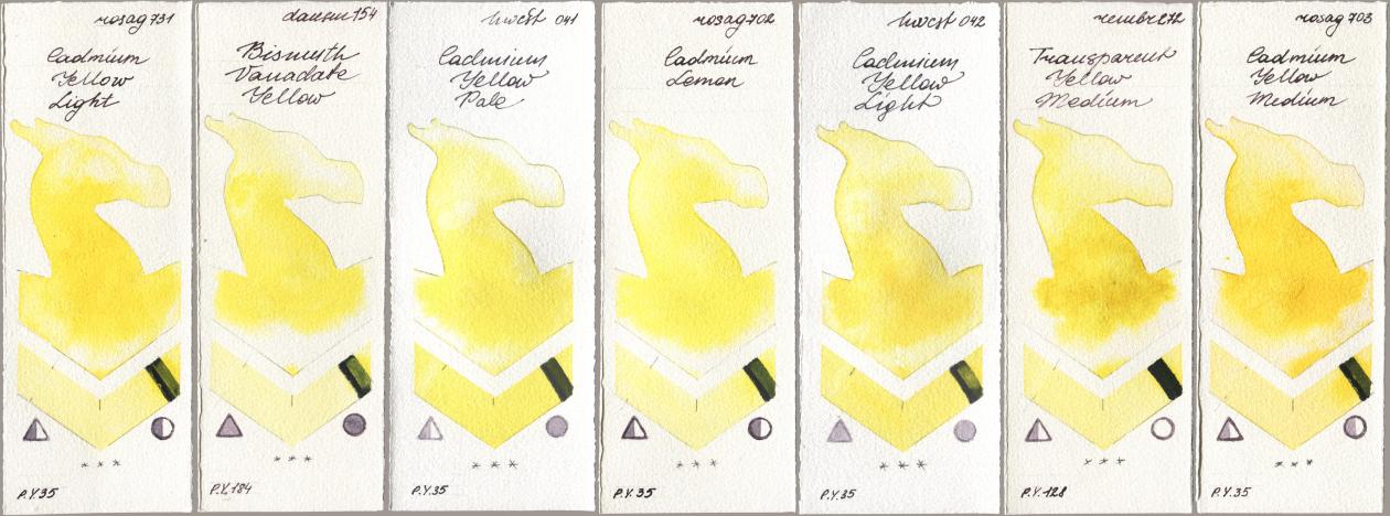 Rosa Gallery 731 Cadmium Yellow Light, Daniel Smith 154 Bismuth Vanadate Yellow, Holbein Artists Watercolor 041 Cadmium Yellow Pale, 702 Cadmium Lemon, 042 Cadmium Yellow Light, Royal Talens Rembrandt Watercolour 272 Transparent Yellow Medium, 703 Cadmium Yellow Medi watercolor swatch