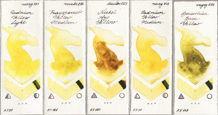Rosa Gallery 731 Cadmium Yellow Light vs Royal Talens Rembrandt Watercolour 272 Transparent Yellow Medium vs Daniel Smith 061 Nickel Azo Yellow vs 703 Cadmium Yellow Medium vs Royal Talens Van Gogh Watercolour 296 Azomethine Green Yellow watercolor swatch