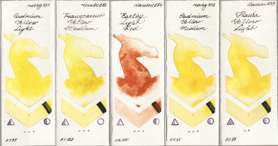Rosa Gallery 731 Cadmium Yellow Light vs Royal Talens Rembrandt Watercolour 272 Transparent Yellow Medium vs Daniel Smith 254 Earthy Light Red vs 703 Cadmium Yellow Medium vs 039 Hansa Yellow Light watercolor swatch