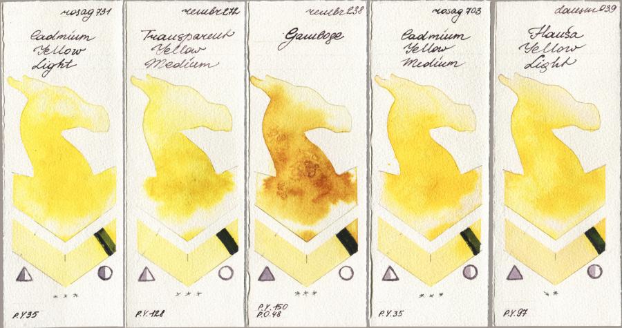 Rosa Gallery 731 Cadmium Yellow Light vs Royal Talens Rembrandt Watercolour 272 Transparent Yellow Medium vs 238 Gamboge vs 703 Cadmium Yellow Medium vs Daniel Smith 039 Hansa Yellow Light watercolor swatch