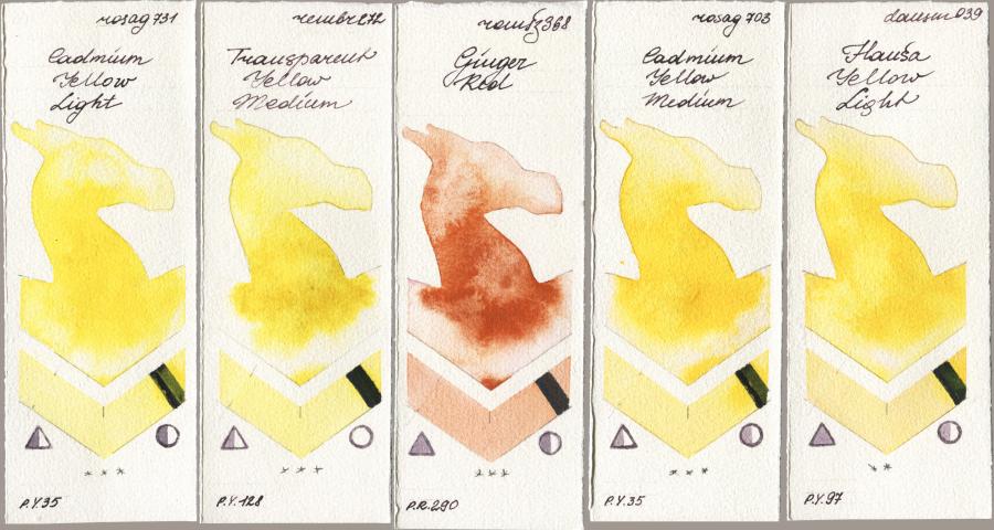 Rosa Gallery 731 Cadmium Yellow Light vs Royal Talens Rembrandt Watercolour 272 Transparent Yellow Medium vs Roman Szmal Aquarius 368 Genger Red vs 703 Cadmium Yellow Medium vs Daniel Smith 039 Hansa Yellow Light watercolor swatch
