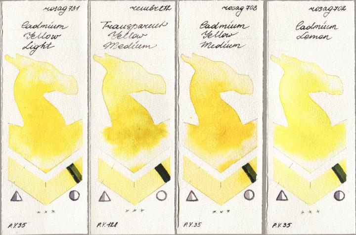 Rosa Gallery 731 Cadmium Yellow Light, Royal Talens Rembrandt Watercolour 272 Transparent Yellow Medium, 703 Cadmium Yellow Medium, 702 Cadmium Lem watercolor swatch
