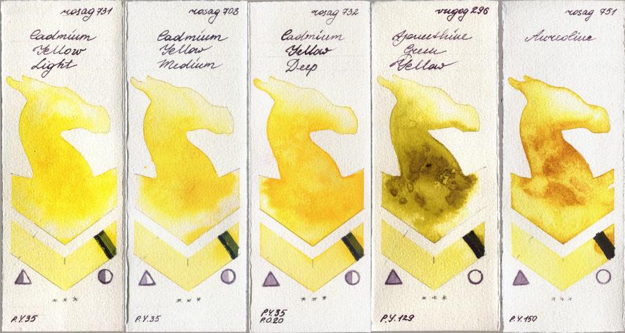 Rosa Gallery 731 Cadmium Yellow Light vs 703 Cadmium Yellow Medium vs 732 Cadmium Yellow Deep vs Royal Talens Van Gogh Watercolour 296 Azomethine Green Yellow vs 751 Aureoline watercolor swatch