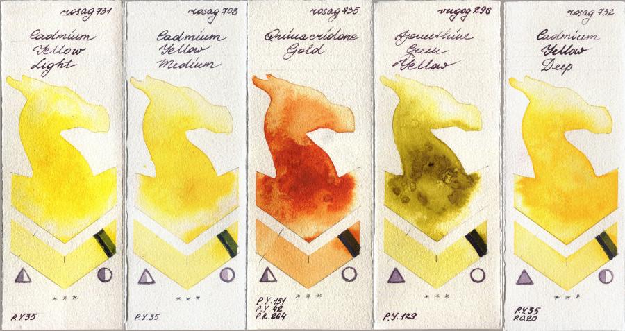 Rosa Gallery 731 Cadmium Yellow Light vs 703 Cadmium Yellow Medium vs 735 Quinacridone Gold vs Royal Talens Van Gogh Watercolour 296 Azomethine Green Yellow vs 732 Cadmium Yellow Deep watercolor swatch