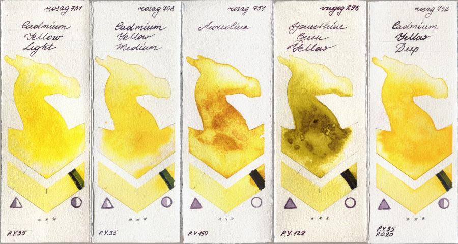 Rosa Gallery 731 Cadmium Yellow Light vs 703 Cadmium Yellow Medium vs 751 Aureoline vs Royal Talens Van Gogh Watercolour 296 Azomethine Green Yellow vs 732 Cadmium Yellow Deep watercolor swatch