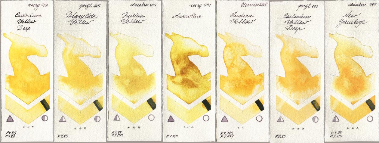Rosa Gallery 732 Cadmium Yellow Deep, Golden QOR 175 Diarylide Yellow, Daniel Smith 045 Indian Yellow, 751 Aureoline, Shminke Horadam Aquarell 220 Indian Yellow, 170 Cadmium Yellow Deep, 060 New Gambo watercolor swatch
