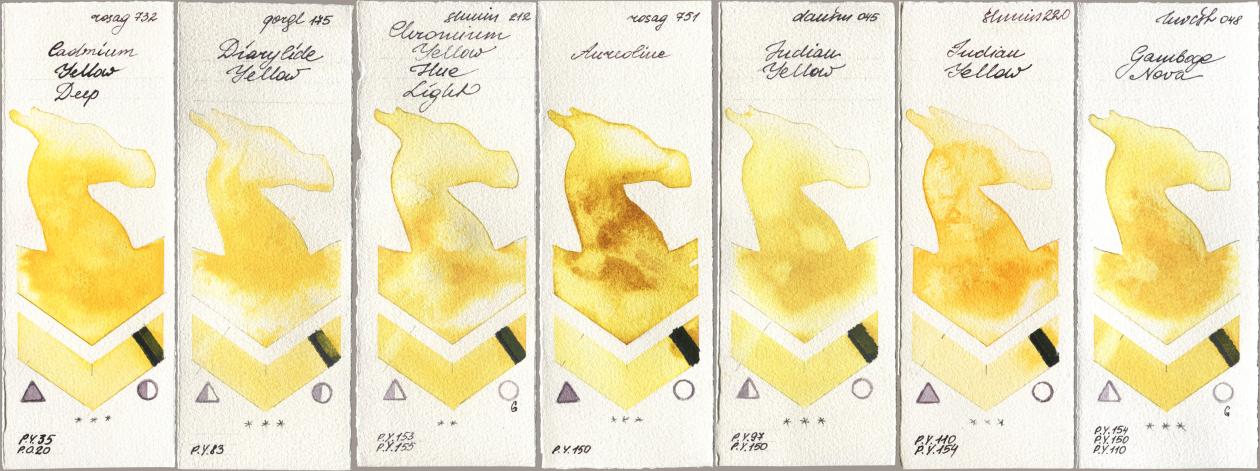 Rosa Gallery 732 Cadmium Yellow Deep, Golden QOR 175 Diarylide Yellow, Shminke Horadam Aquarell 212 Chromium Yellow Hue Light, 751 Aureoline, Daniel Smith 045 Indian Yellow, 220 Indian Yellow, Holbein Artists Watercolor 048 Gamboge No watercolor swatch