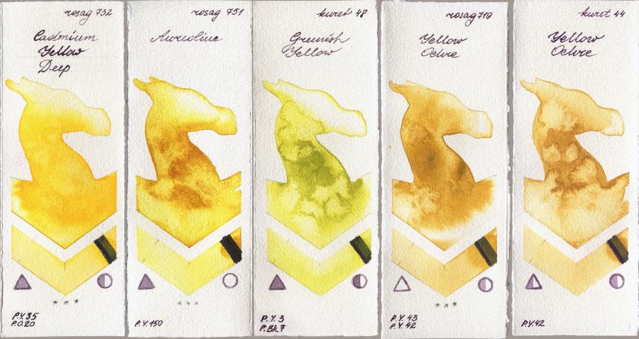 Rosa Gallery 732 Cadmium Yellow Deep vs 751 Aureoline vs Kuretake Gansai Tambi 48 Greenish Yellow vs 719 Yellow Ochre vs 44 Yellow Ochre watercolor swatch