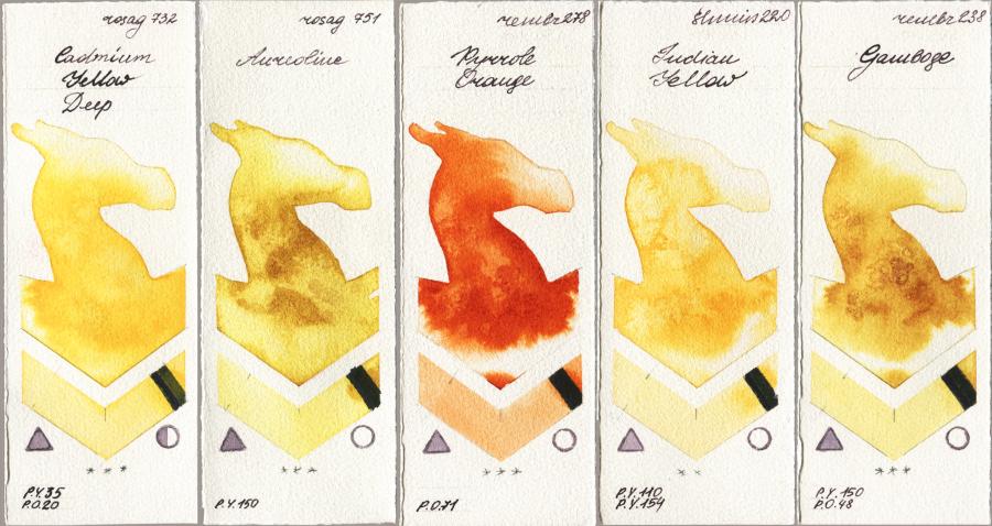 Rosa Gallery 732 Cadmium Yellow Deep vs 751 Aureoline vs Royal Talens Rembrandt Watercolour 278 Pyrrole Orange vs Shminke Horadam Aquarell 220 Indian Yellow vs 238 Gamboge watercolor swatch