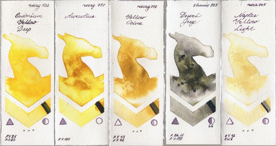 Rosa Gallery 732 Cadmium Yellow Deep vs 751 Aureoline vs 719 Yellow Ochre vs Shminke Horadam Aquarell 925 Desert Grey vs 745 Naples Yellow Light watercolor swatch