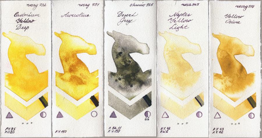 Rosa Gallery 732 Cadmium Yellow Deep vs 751 Aureoline vs Shminke Horadam Aquarell 925 Desert Grey vs 745 Naples Yellow Light vs 719 Yellow Ochre watercolor swatch